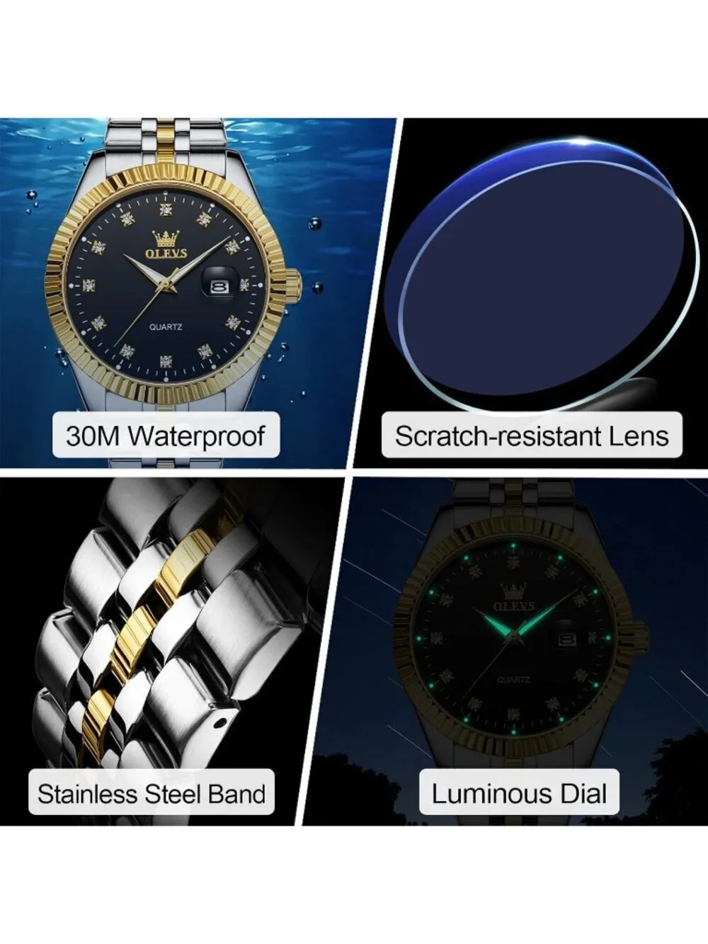 Olevs Mens Silver Gold Luxury Black Dimond Dot Face Analog Quartz Luminous Watch